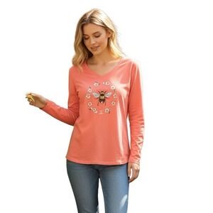 Life is Good Crusher Tee Women's Size L V- Neck Bumble Bee Graphic Long Sleeve